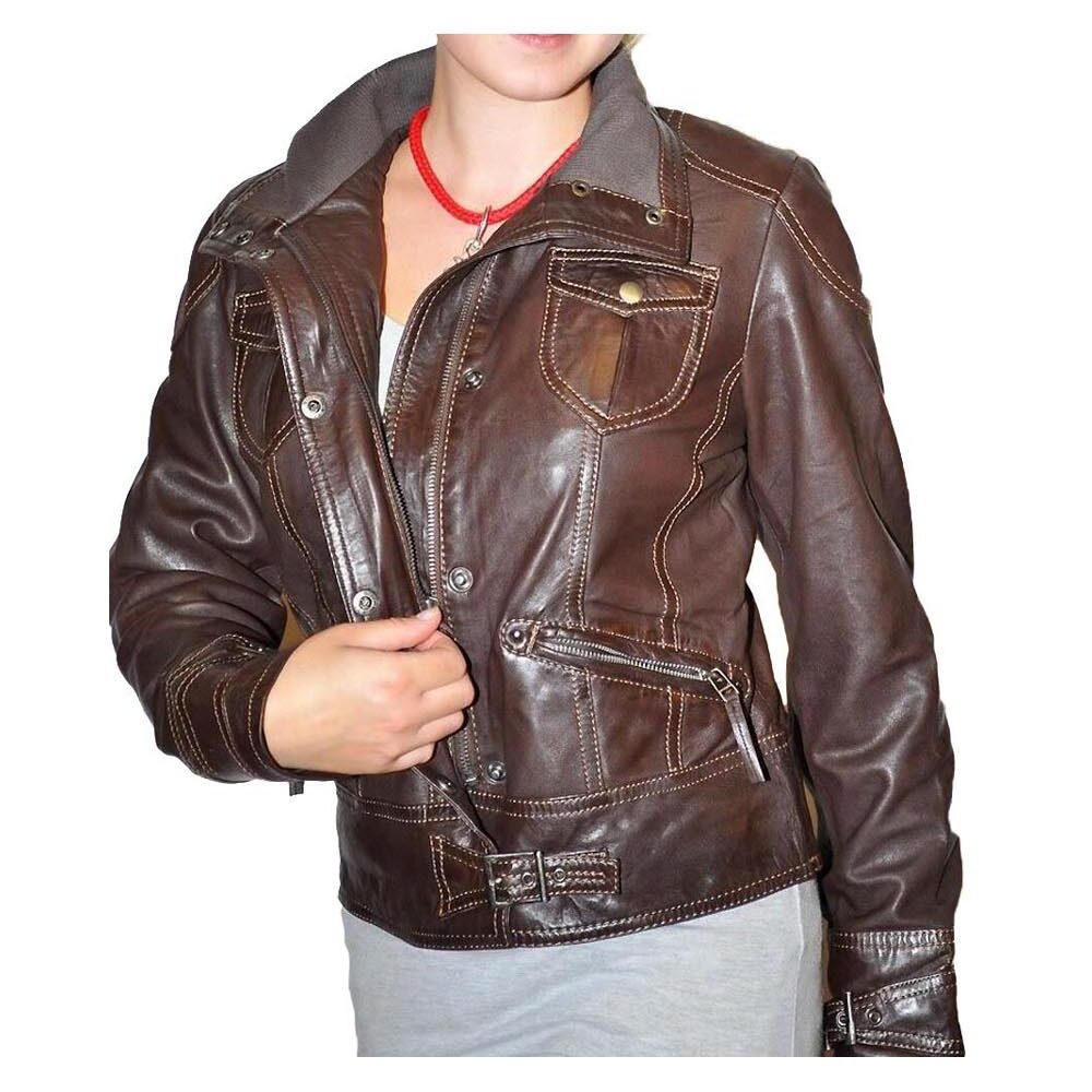 Damen Lederjacke Braun Leder Jacke Nappaleder Glattleder Bikerjacke
