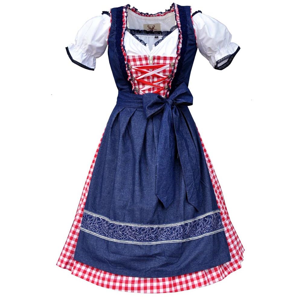 Dirndl Minidirndl Jeans Rot Blau mit Bluse 3 tlg. Set - Mia