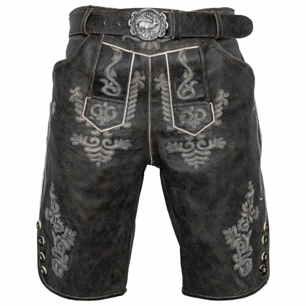 Trachtenlederhose Lederhose Kurzhose Trachtenhose mit Gürtel Grau Antik - 796N