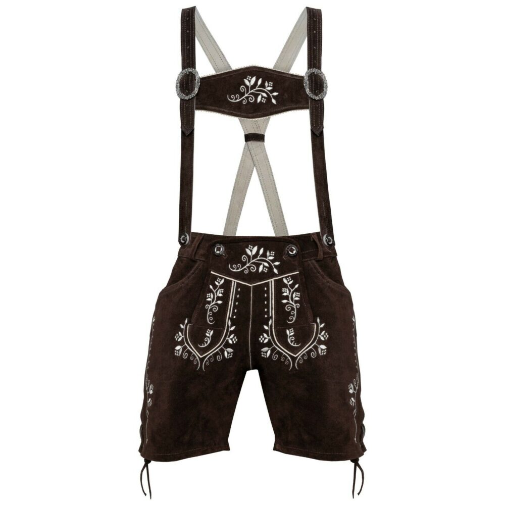 Damen Trachtenlederhose Kurzhose mit Träge Braun - 121