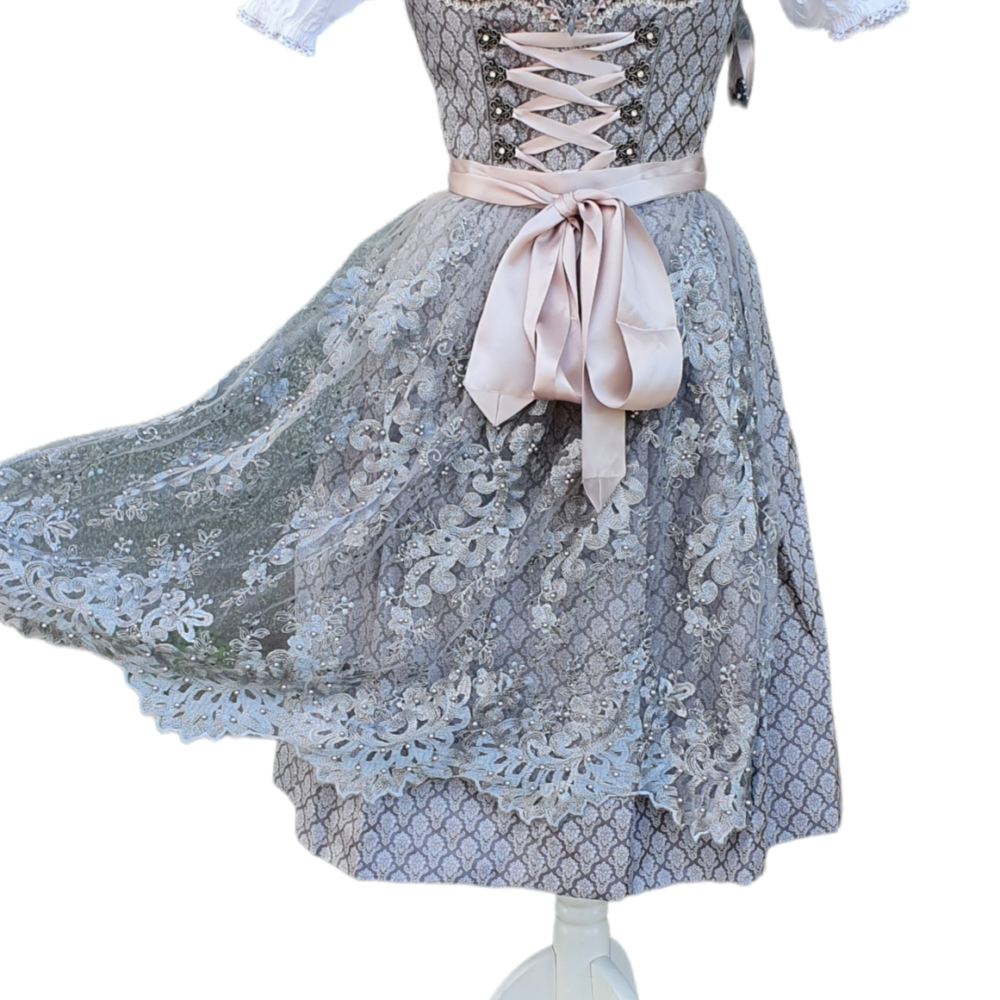 Dirndl mit Spitzenschürze Mididirndl Grau 3. tlg von Muniba Collection-0360
